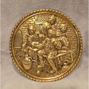 Vintage Embossed‎ Brass Wall Plaque Tavern Scene with People & Dog